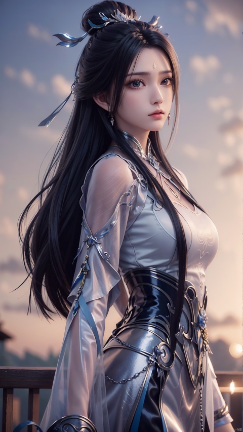 1girl, long hair, black hair, solo, earrings, jewelry, hair ornament, weapon, sword, upper body, perfect body, scenery, sharp focus, best quality, masterpiece, detailed outfit, illustration, perfect eyes, finely detailed beautiful anime eyes, realistic skin, intricate details, best lighting, depth of field, ultra high resolution,cowboy_shot, dynamic pose, dynamic angle,