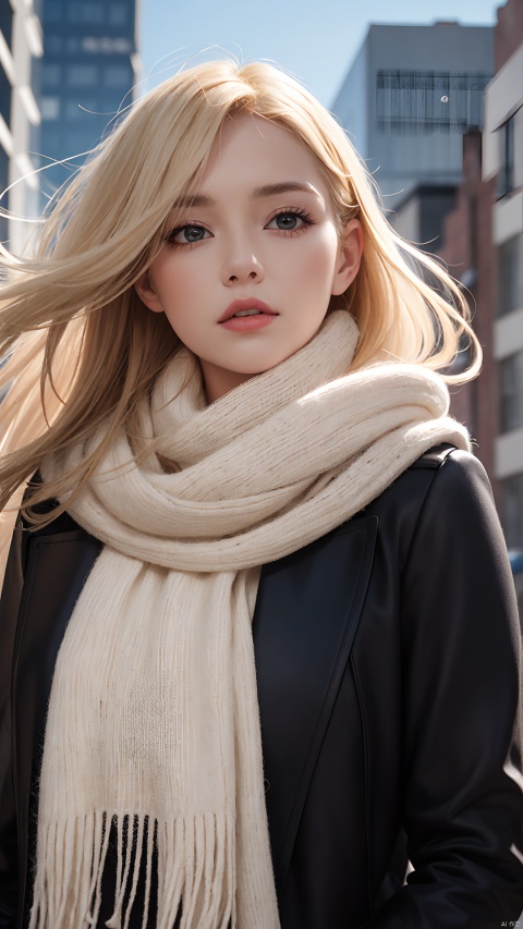  A woman wrapped in a cream-colored scarf, with a black coat draped over her shoulders. Her gaze is pensive, her blonde hair tousled by the wind, and her lips painted a bold red, against an urban backdrop., masterpiece,best quality, depth of field