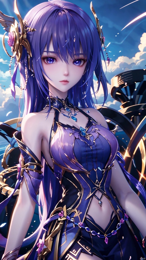 1girl, blue hair, solo, hair ornament, blue eyes, bare shoulders, jewelry, long hair, necklace, strapless skirt, flower, hair flower, perfect body, scenery, sharp focus, best quality, masterpiece, detailed outfit, illustration, perfect eyes, finely detailed beautiful anime eyes, realistic skin, intricate details, best lighting, depth of field, ultra high resolution,cowboy_shot, dynamic pose, dynamic angle,