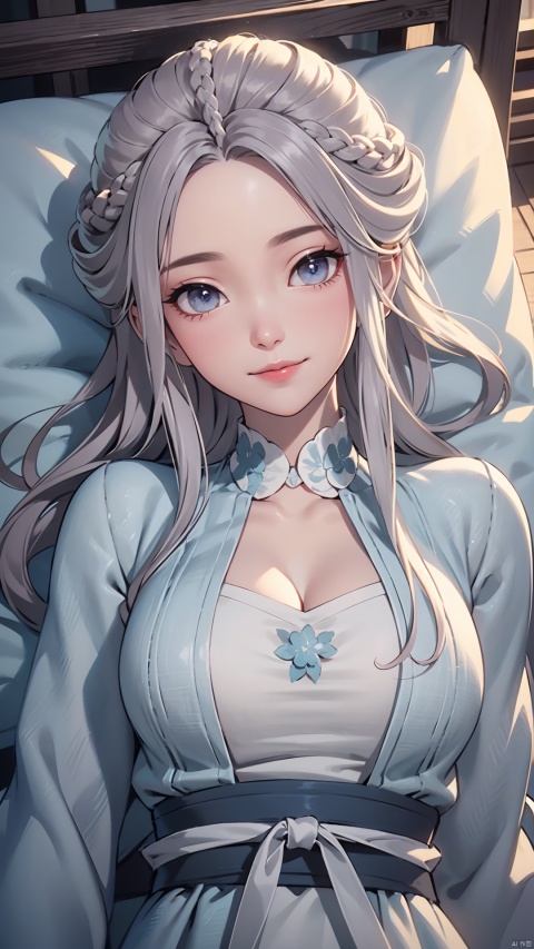 1girl, solo, long hair, white hair, chinese clothes, hanfu, facial mark, forehead mark, grey eyes, long sleeves, braid, realistic, mischevious smile, looking at viewer, lying, perfect body, scenery, sharp focus, best quality, masterpiece, detailed outfit, illustration, perfect eyes, finely detailed beautiful anime eyes, realistic skin, intricate details, best lighting, depth of field, ultra high resolution, bed, from above