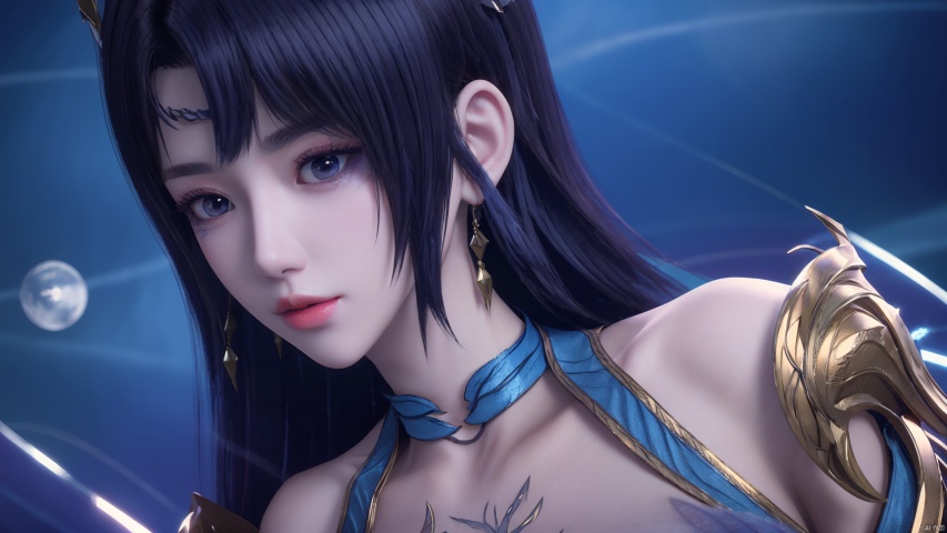  1girl, hair ornament, jewelry, long hair, braid, purple eyes, make_up, tattoo, earrings, blue dress, mischevious smile, perfect body, scenery, sharp focus, best quality, masterpiece, detailed outfit, illustration, perfect eyes, finely detailed beautiful anime eyes, realistic skin, intricate details, best lighting, depth of field, ultra high resolution, lying, dynamic pose, dynamic angle,