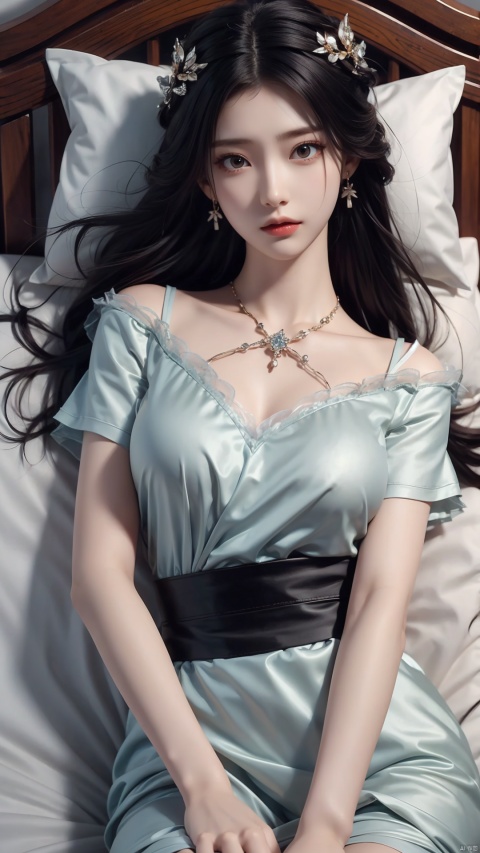  1girl, solo, long hair, breasts, looking at viewer, black hair, hair ornament, dress, jewelry, closed mouth, short sleeves, earrings, lying, bed, on back,