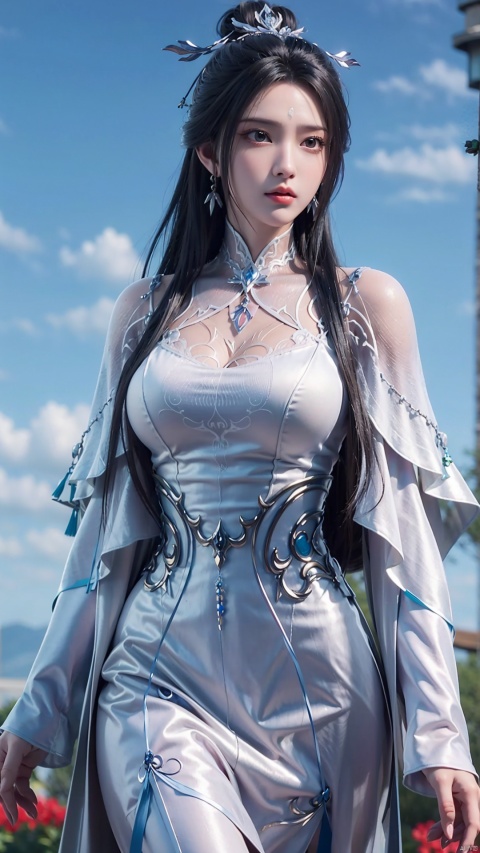  1girl, black hair, long hair, dress, solo, white dress, hair ornament, chinese clothes, facial mark, hair bun, forehead mark, earrings, perfect body, scenery, sharp focus, best quality, masterpiece, detailed outfit, illustration, perfect eyes, finely detailed beautiful anime eyes, realistic skin, intricate details, best lighting, depth of field, ultra high resolution,cowboy_shot, dynamic pose, dynamic angle,