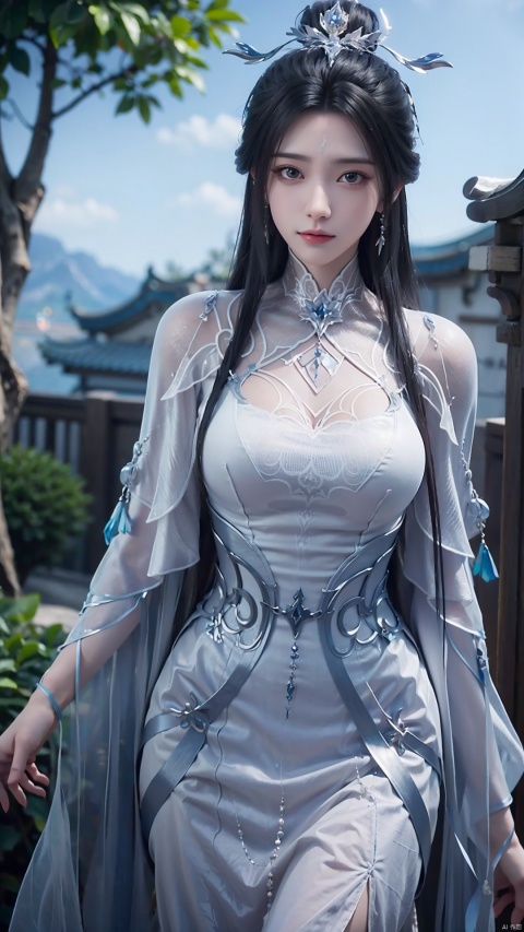 1girl, black hair, long hair, dress, solo, white dress, hair ornament, chinese clothes, facial mark, hair bun, forehead mark, earrings, mischevious smile, perfect body, scenery, sharp focus, best quality, masterpiece, detailed outfit, illustration, perfect eyes, finely detailed beautiful anime eyes, realistic skin, intricate details, best lighting, depth of field, ultra high resolution,cowboy_shot, dynamic pose, dynamic angle,