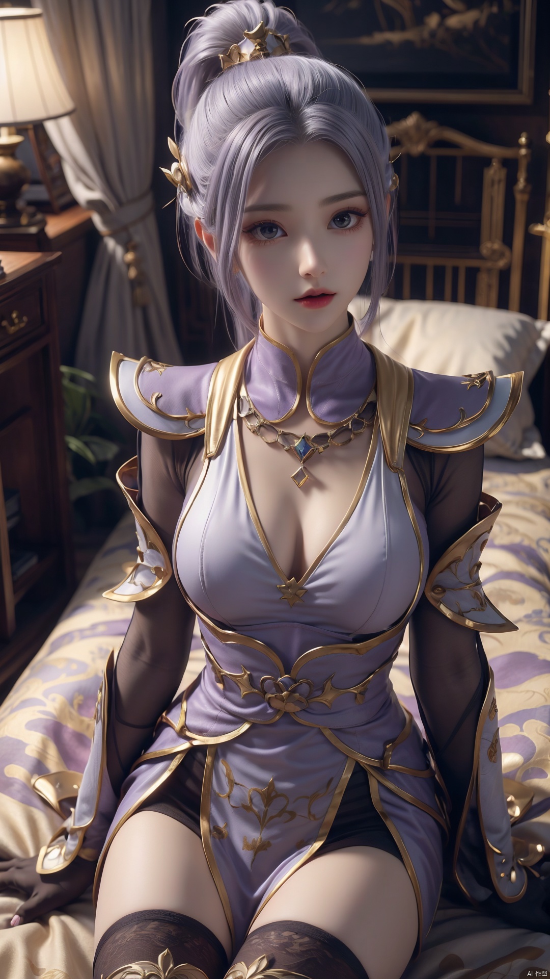  1girl, light purple hair, black thighhighs, ponytail, gloves, blue eyes, long hair, breasts, armor, hair ornament, black gloves, looking at viewer, lying, perfect body, scenery, sharp focus, best quality, masterpiece, detailed outfit, illustration, perfect eyes, finely detailed beautiful anime eyes, realistic skin, intricate details, best lighting, depth of field, ultra high resolution, bed, from above