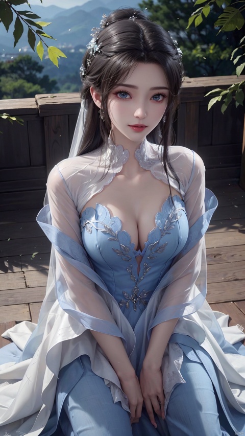  1girl, white_hair, wedding_dress, mischevious smile, perfect body, scenery, sharp focus, best quality, masterpiece, detailed outfit, illustration, perfect eyes, finely detailed beautiful anime eyes, realistic skin, intricate details, best lighting, depth of field, ultra high resolution, kneeling on floot, from_above