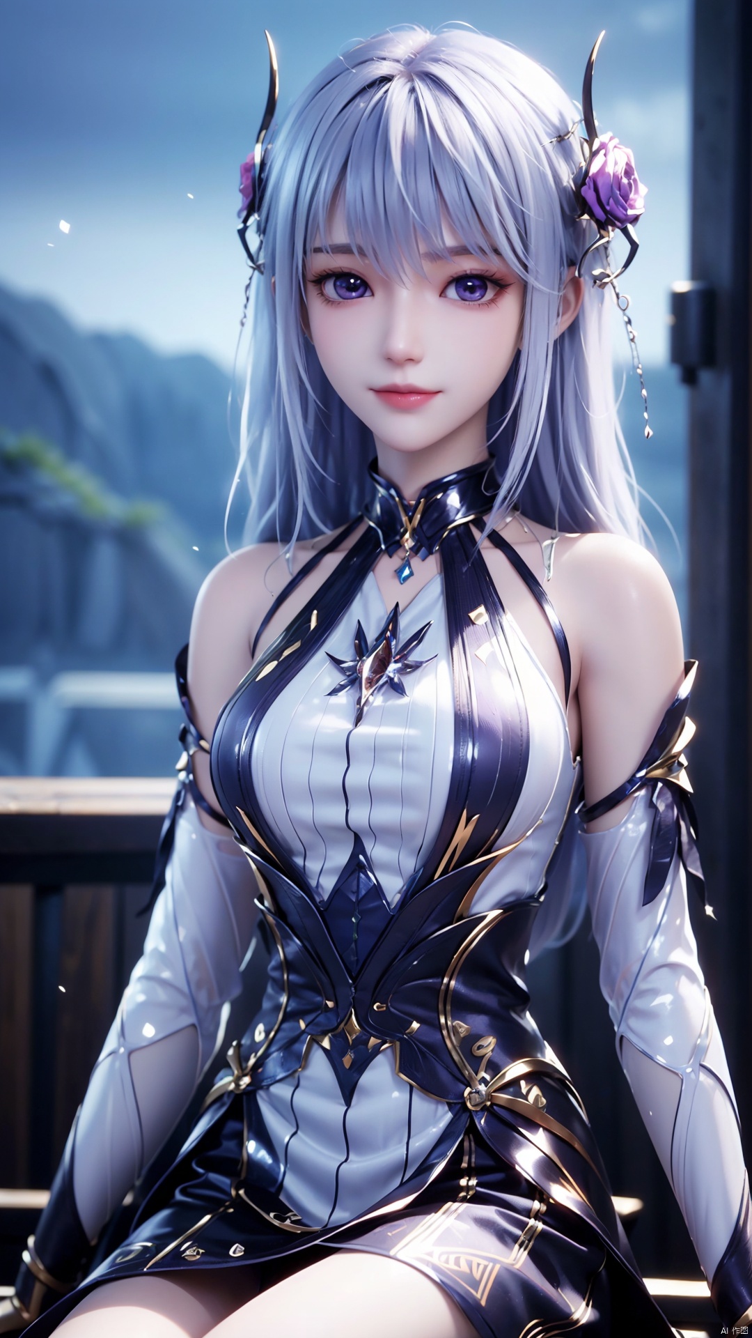 1girl, solo, long hair, white hair, white dress, purple eyes, realistic, mischevious smile, perfect body, scenery, sharp focus, best quality, masterpiece, detailed outfit, illustration, perfect eyes, finely detailed beautiful anime eyes, realistic skin, intricate details, best lighting, depth of field, ultra high resolution, sitting, dynamic pose, dynamic angle,