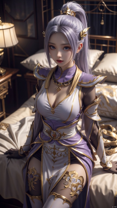  1girl, light purple hair, black thighhighs, ponytail, gloves, blue eyes, long hair, breasts, armor, hair ornament, black gloves, looking at viewer, lying, perfect body, scenery, sharp focus, best quality, masterpiece, detailed outfit, illustration, perfect eyes, finely detailed beautiful anime eyes, realistic skin, intricate details, best lighting, depth of field, ultra high resolution, bed, from above