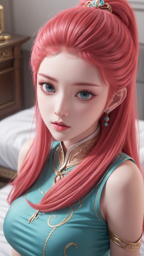  1girl, long hair, dress, looking at viewer, lying, perfect body, scenery, sharp focus, best quality, masterpiece, detailed outfit, illustration, perfect eyes, finely detailed beautiful anime eyes, realistic skin, intricate details, best lighting, depth of field, ultra high resolution, bed, from above