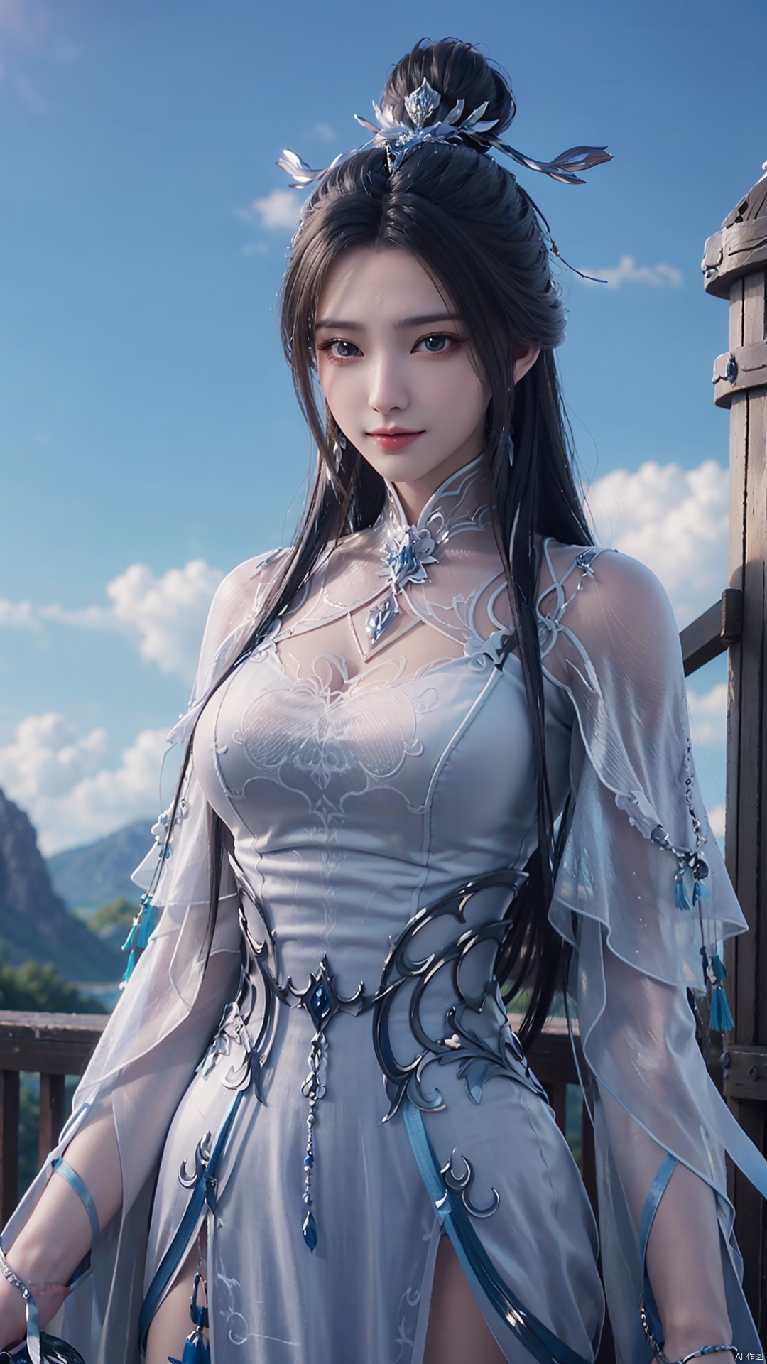  1girl, white dress, solo, hair bun, chinese clothes, mischevious smile, perfect body, scenery, sharp focus, best quality, masterpiece, detailed outfit, illustration, perfect eyes, finely detailed beautiful anime eyes, realistic skin, intricate details, best lighting, depth of field, ultra high resolution,cowboy_shot, dynamic pose, dynamic angle,