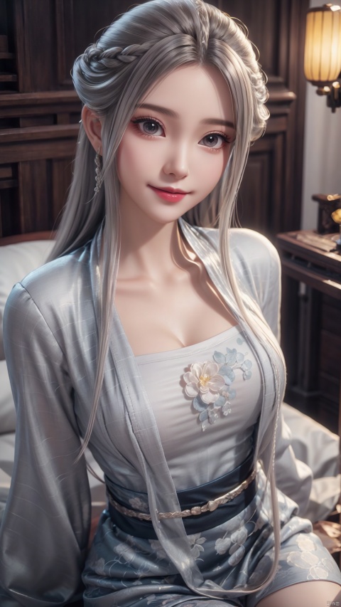 1girl, solo, long hair, white hair, chinese clothes, hanfu, facial mark, forehead mark, grey eyes, long sleeves, braid, realistic, mischevious smile, looking at viewer, lying, perfect body, scenery, sharp focus, best quality, masterpiece, detailed outfit, illustration, perfect eyes, finely detailed beautiful anime eyes, realistic skin, intricate details, best lighting, depth of field, ultra high resolution, bed, from above