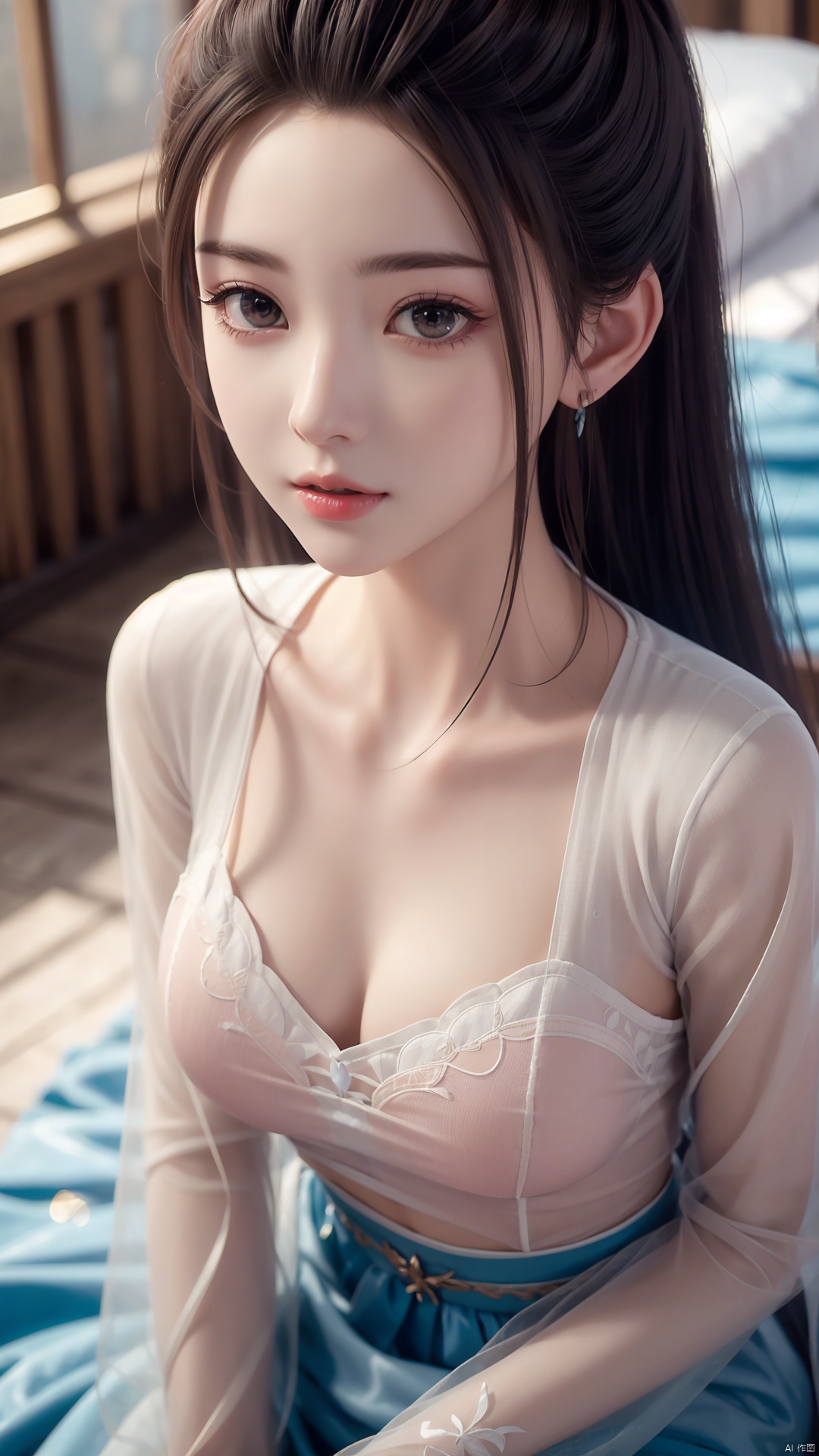  1girl, long hair, dress, looking at viewer, lying, perfect body, scenery, sharp focus, best quality, masterpiece, detailed outfit, illustration, perfect eyes, finely detailed beautiful anime eyes, realistic skin, intricate details, best lighting, depth of field, ultra high resolution, bed, from above