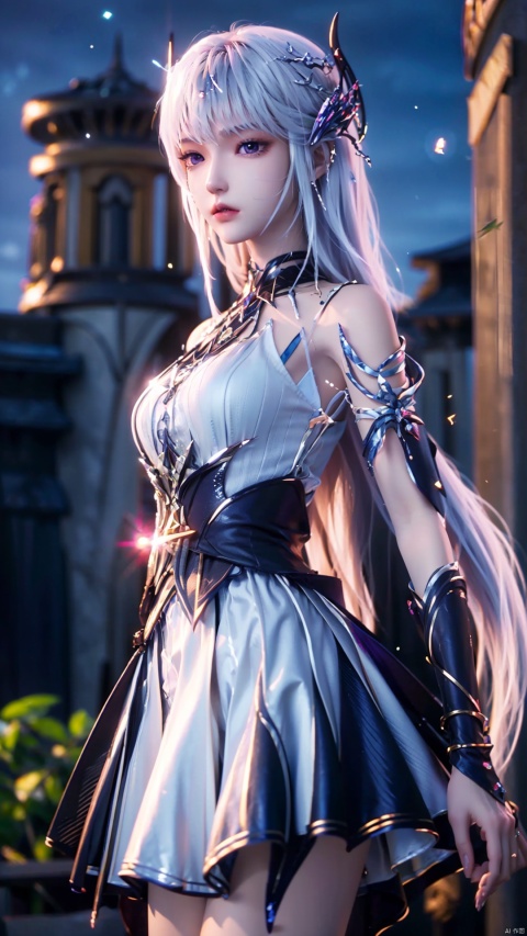 1girl, long hair, solo, purple eyes, white hair, white dress, standing, looking at viewer, perfect body, scenery, sharp focus, best quality, masterpiece, detailed outfit, illustration, perfect eyes, finely detailed beautiful anime eyes, realistic skin, intricate details, best lighting, depth of field, ultra high resolution,cowboy_shot, dynamic pose, dynamic angle,