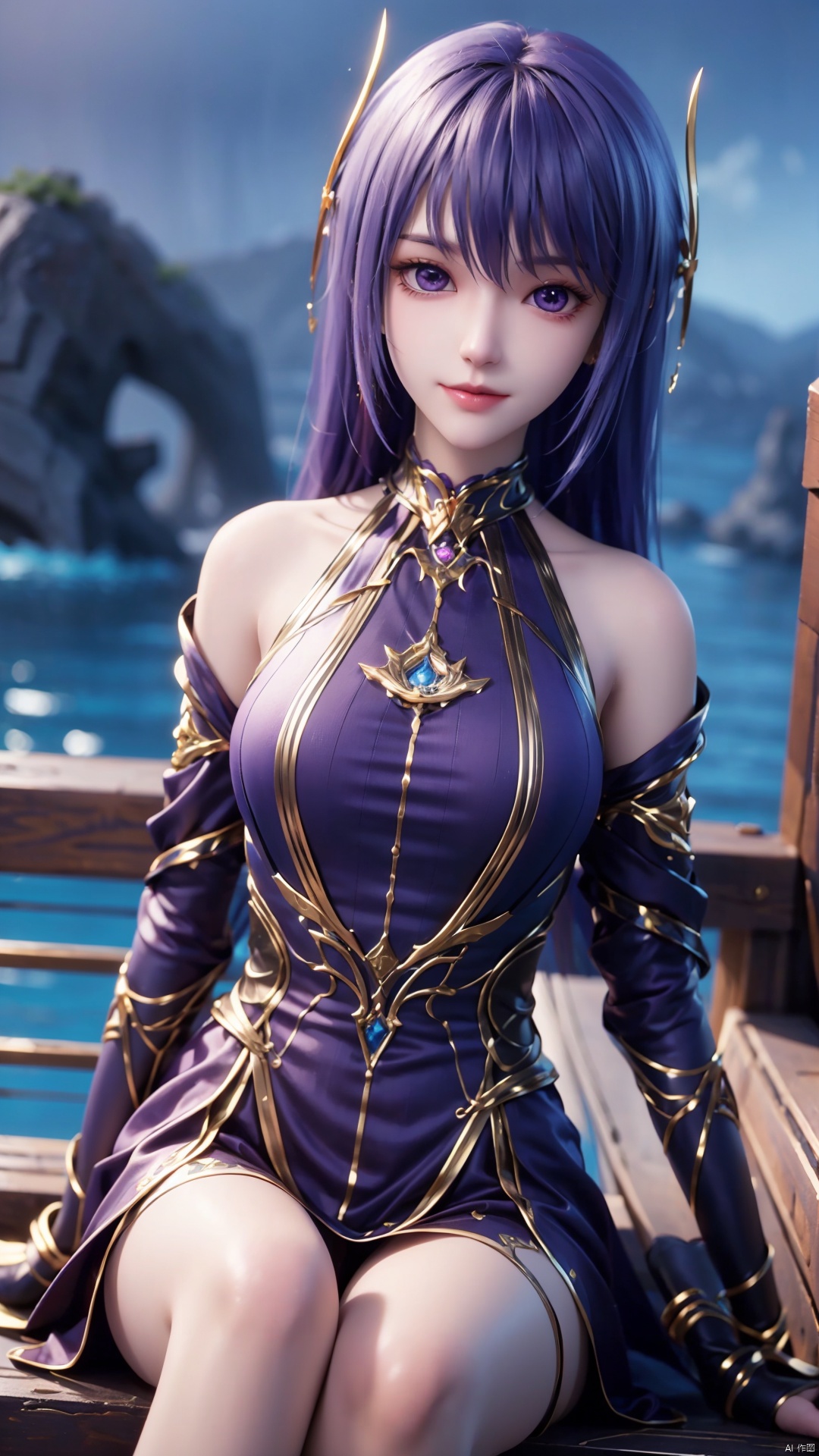 1girl, solo, long hair, blue hair, dress, purple eyes, realistic, mischevious smile, perfect body, scenery, sharp focus, best quality, masterpiece, detailed outfit, illustration, perfect eyes, finely detailed beautiful anime eyes, realistic skin, intricate details, best lighting, depth of field, ultra high resolution, sitting, dynamic pose, dynamic angle,