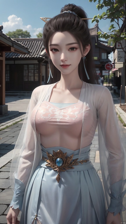 1girl, solo, hanfu, chinese clothes, earrings, jewelry, realistic, hair ornament, black hair, brown eyes, long sleeves, single hair bun, facial mark, mischevious smile, perfect body, scenery, sharp focus, best quality, masterpiece, detailed outfit, illustration, perfect eyes, finely detailed beautiful anime eyes, realistic skin, intricate details, best lighting, depth of field, ultra high resolution,cowboy_shot, dynamic pose, dynamic angle,