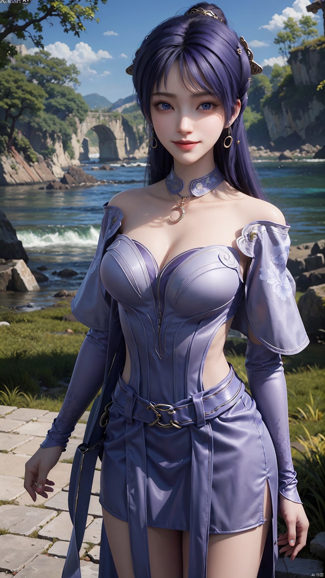  1girl, solo, jewelry, earrings, breasts, necklace, purple hair, dress, realistic, bare shoulders, mischevious smile, perfect body, scenery, sharp focus, best quality, masterpiece, detailed outfit, illustration, perfect eyes, finely detailed beautiful anime eyes, realistic skin, intricate details, best lighting, depth of field, ultra high resolution,cowboy_shot, dynamic pose, dynamic angle,