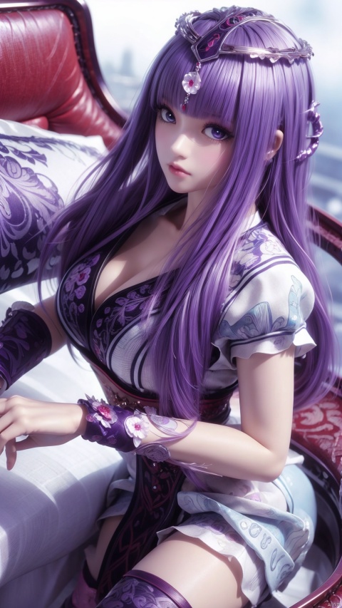  1girl, purple eyes, purple hair, long hair, thighhighs, lying, perfect body, scenery, sharp focus, best quality, masterpiece, detailed outfit, illustration, perfect eyes, finely detailed beautiful anime eyes, realistic skin, intricate details, best lighting, depth of field, ultra high resolution, bed, from above
