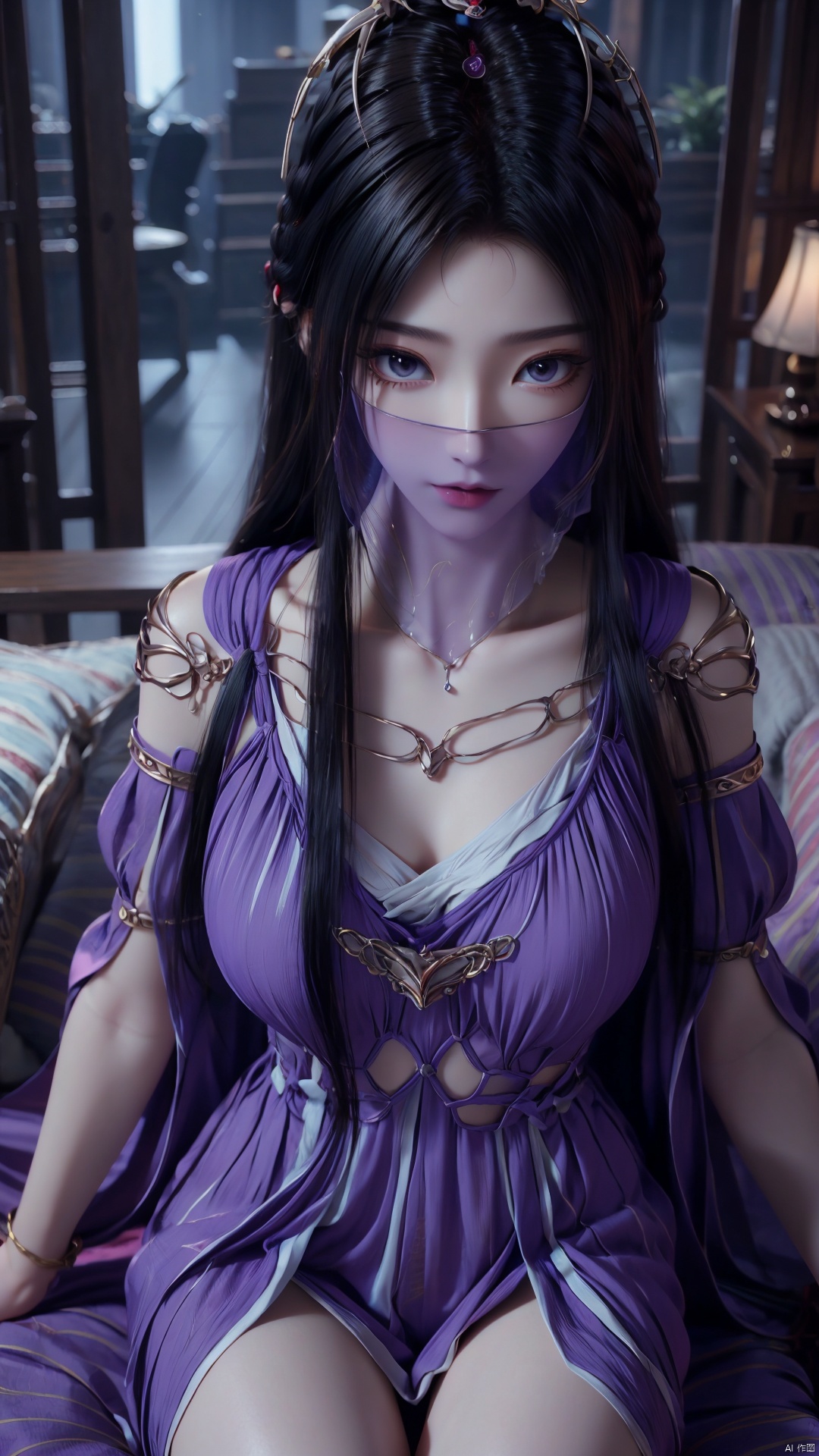  1girl, purple eyes, long hair, thighhighs, lying, perfect body, scenery, sharp focus, best quality, masterpiece, detailed outfit, illustration, perfect eyes, finely detailed beautiful anime eyes, realistic skin, intricate details, best lighting, depth of field, ultra high resolution, bed, from above