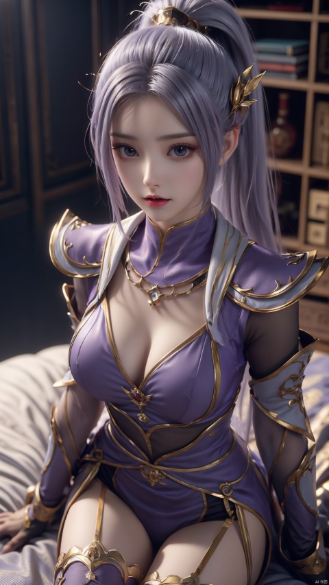  1girl, light purple hair, black thighhighs, ponytail, gloves, blue eyes, long hair, breasts, armor, hair ornament, black gloves, looking at viewer, lying, perfect body, scenery, sharp focus, best quality, masterpiece, detailed outfit, illustration, perfect eyes, finely detailed beautiful anime eyes, realistic skin, intricate details, best lighting, depth of field, ultra high resolution, bed, from above