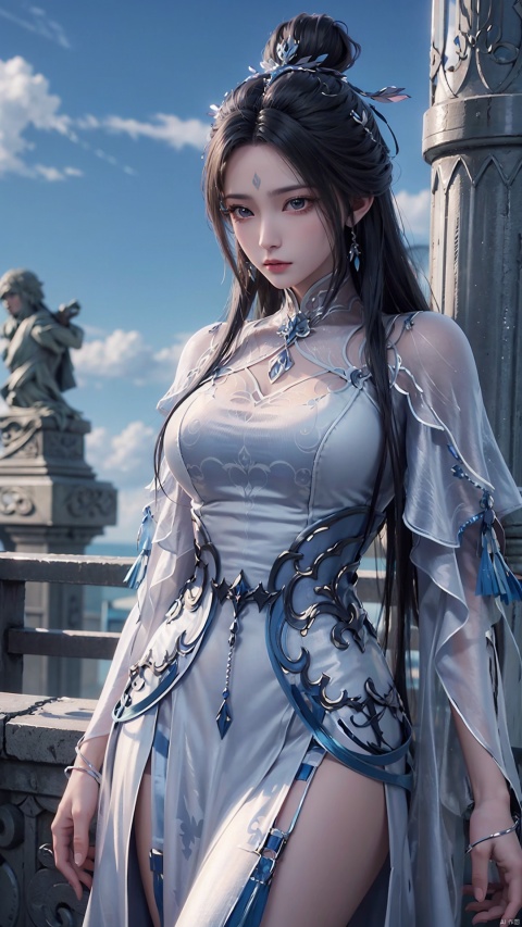  1girl, black hair, long hair, dress, solo, white dress, hair ornament, chinese clothes, facial mark, hair bun, forehead mark, earrings, perfect body, scenery, sharp focus, best quality, masterpiece, detailed outfit, illustration, perfect eyes, finely detailed beautiful anime eyes, realistic skin, intricate details, best lighting, depth of field, ultra high resolution,cowboy_shot, dynamic pose, dynamic angle,