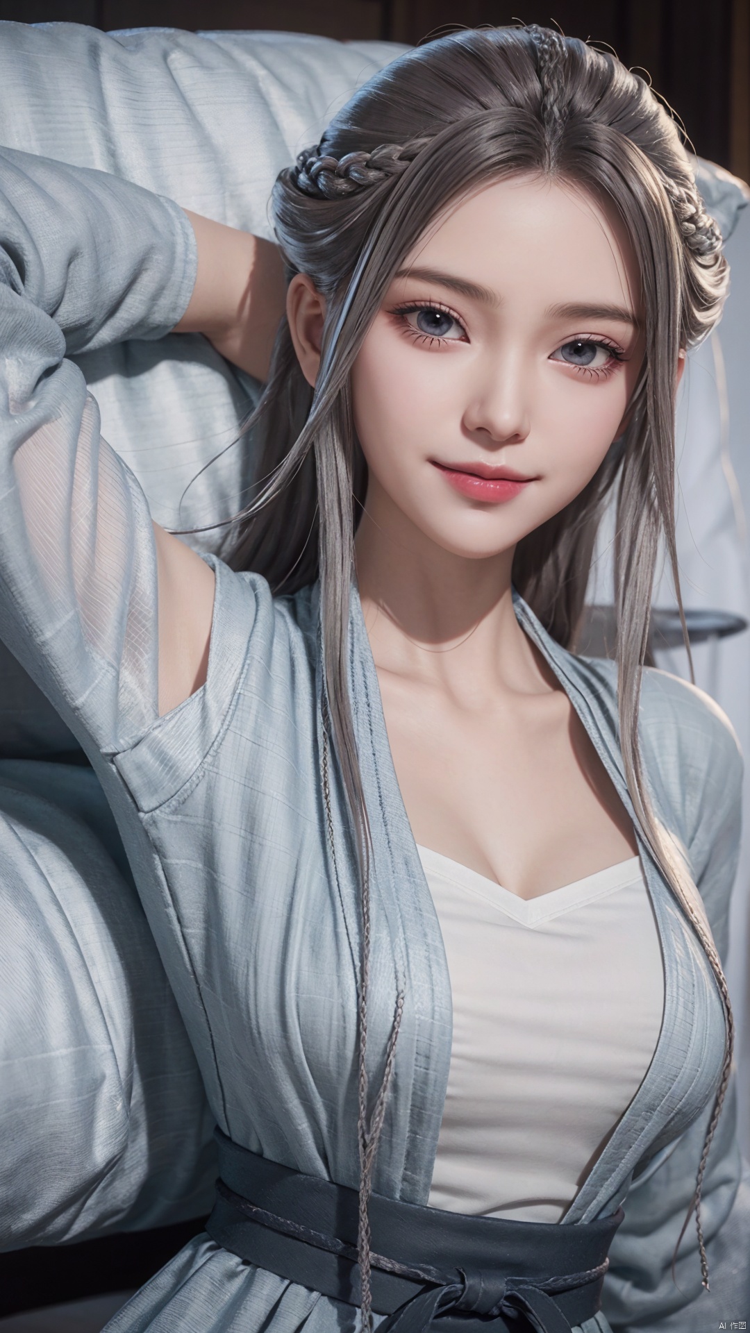 1girl, solo, long hair, white hair, chinese clothes, hanfu, facial mark, forehead mark, grey eyes, long sleeves, braid, realistic, mischevious smile, looking at viewer, lying, perfect body, scenery, sharp focus, best quality, masterpiece, detailed outfit, illustration, perfect eyes, finely detailed beautiful anime eyes, realistic skin, intricate details, best lighting, depth of field, ultra high resolution, bed, from above