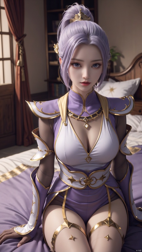  1girl, light purple hair, black thighhighs, ponytail, gloves, blue eyes, long hair, breasts, armor, hair ornament, black gloves, looking at viewer, lying, perfect body, scenery, sharp focus, best quality, masterpiece, detailed outfit, illustration, perfect eyes, finely detailed beautiful anime eyes, realistic skin, intricate details, best lighting, depth of field, ultra high resolution, bed, from above