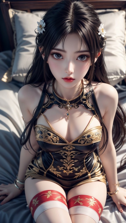  1girl, long hair, thighhighs, lying, perfect body, scenery, sharp focus, best quality, masterpiece, detailed outfit, illustration, perfect eyes, finely detailed beautiful anime eyes, realistic skin, intricate details, best lighting, depth of field, ultra high resolution, bed, from above 