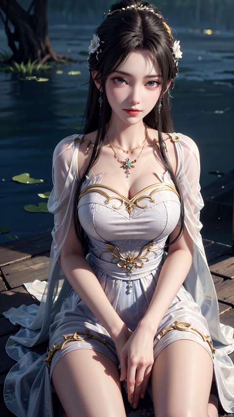  1girl, wedding_dress, mischevious smile, perfect body, scenery, sharp focus, best quality, masterpiece, detailed outfit, illustration, perfect eyes, finely detailed beautiful anime eyes, realistic skin, intricate details, best lighting, depth of field, ultra high resolution, kneeling on floot, from_above