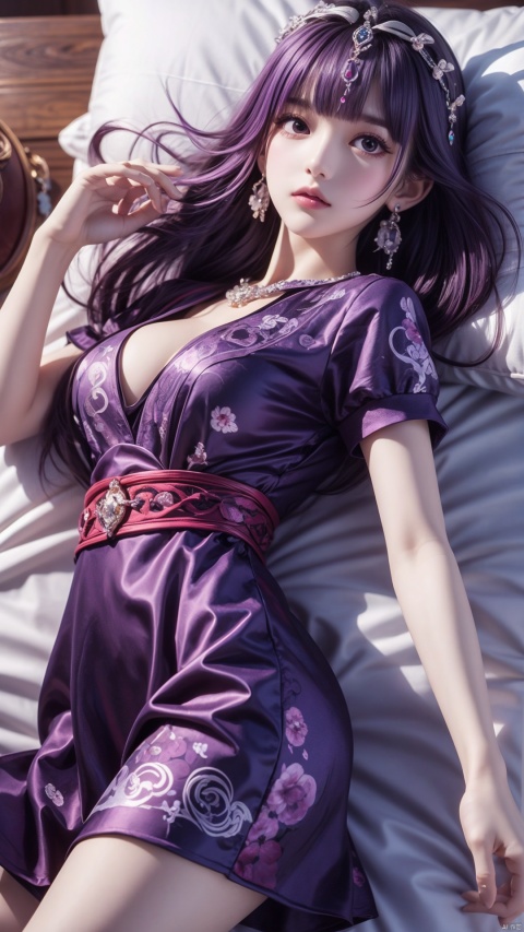  1girl, solo, long hair, breasts, looking at viewer, purple hair, hair ornament, dress, jewelry, closed mouth, short sleeves, earrings, lying, bed, hand up, on back,