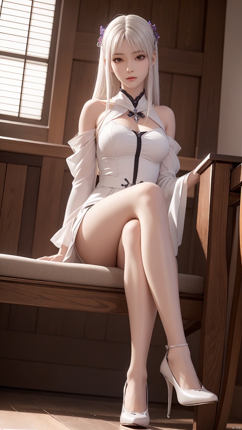  1girl, white hair, long hair, sitting, crossed legs, shoes, perfect body, scenery, sharp focus, best quality, masterpiece, detailed outfit, illustration, perfect eyes, finely detailed beautiful anime eyes, realistic skin, intricate details, best lighting, depth of field, ultra high resolution, from below,