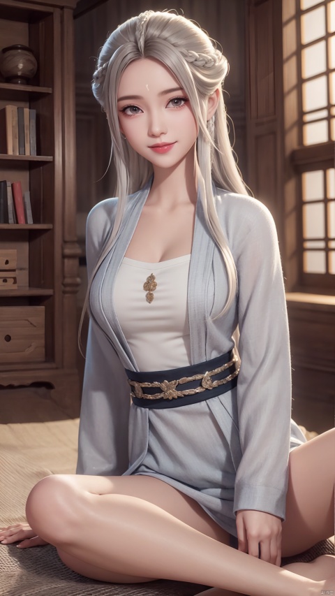 1girl, solo, long hair, white hair, chinese clothes, hanfu, facial mark, forehead mark, grey eyes, long sleeves, braid, realistic, mischevious smile, perfect body, scenery, sharp focus, best quality, masterpiece, detailed outfit, illustration, perfect eyes, finely detailed beautiful anime eyes, realistic skin, intricate details, best lighting, depth of field, ultra high resolution, sitting, dynamic pose, dynamic angle,