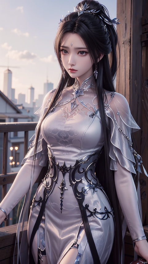 1girl, solo, black hair, hair bun, forehead mark, facial mark, long hair, upper body, dress, hair ornament, earrings, jewelry, single hair bun, expressionless, looking at viewer, realistic, perfect body, scenery, sharp focus, best quality, masterpiece, detailed outfit, illustration, perfect eyes, finely detailed beautiful anime eyes, realistic skin, intricate details, best lighting, depth of field, ultra high resolution,cowboy_shot, dynamic pose, dynamic angle,