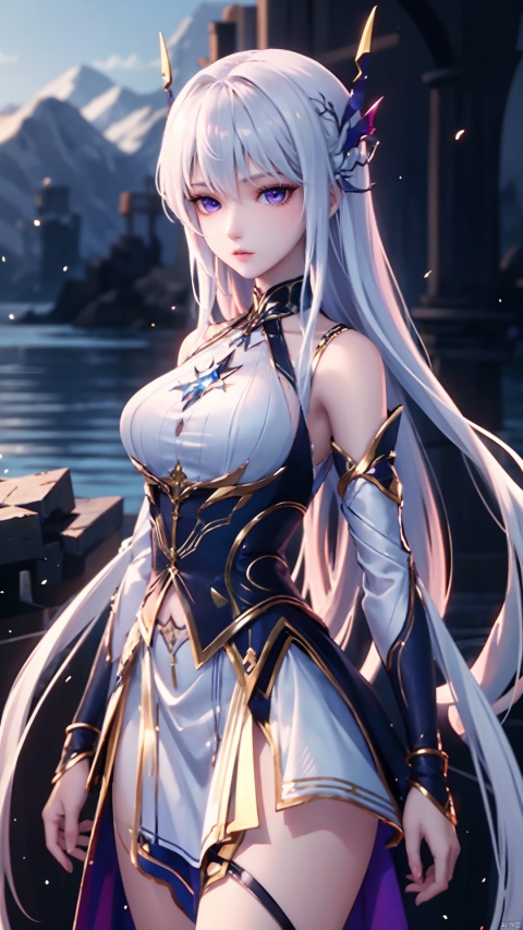 1girl, long hair, solo, purple eyes, white hair, white dress, standing, looking at viewer, perfect body, scenery, sharp focus, best quality, masterpiece, detailed outfit, illustration, perfect eyes, finely detailed beautiful anime eyes, realistic skin, intricate details, best lighting, depth of field, ultra high resolution,cowboy_shot, dynamic pose, dynamic angle,