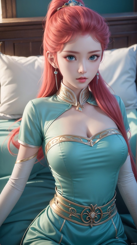  1girl, long hair, dress, looking at viewer, lying, perfect body, scenery, sharp focus, best quality, masterpiece, detailed outfit, illustration, perfect eyes, finely detailed beautiful anime eyes, realistic skin, intricate details, best lighting, depth of field, ultra high resolution, bed, from above