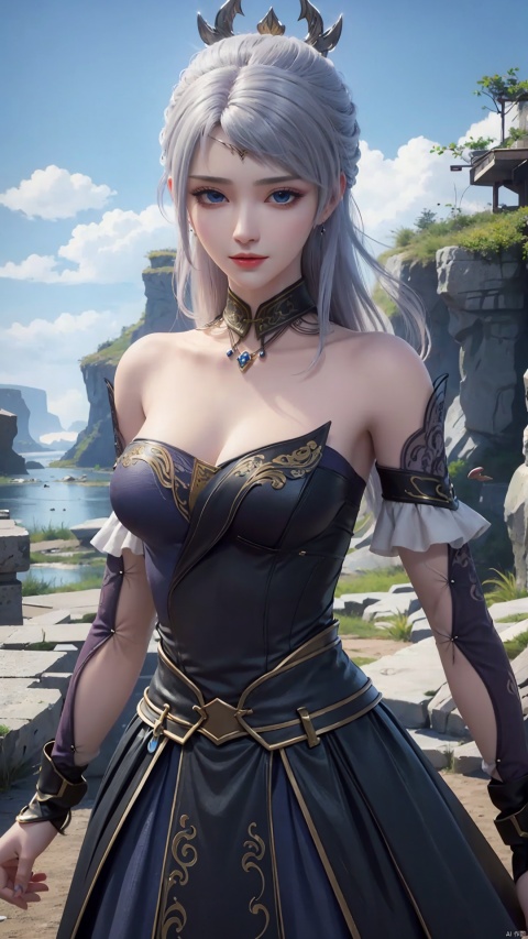 1girl, solo, blue eyes, white hair, black dress, jewelry, bare shoulders, detached sleeves, long hair, earrings, strapless dress, mischevious smile, perfect body, scenery, sharp focus, best quality, masterpiece, detailed outfit, illustration, perfect eyes, finely detailed beautiful anime eyes, realistic skin, intricate details, best lighting, depth of field, ultra high resolution,cowboy_shot, dynamic pose, dynamic angle,