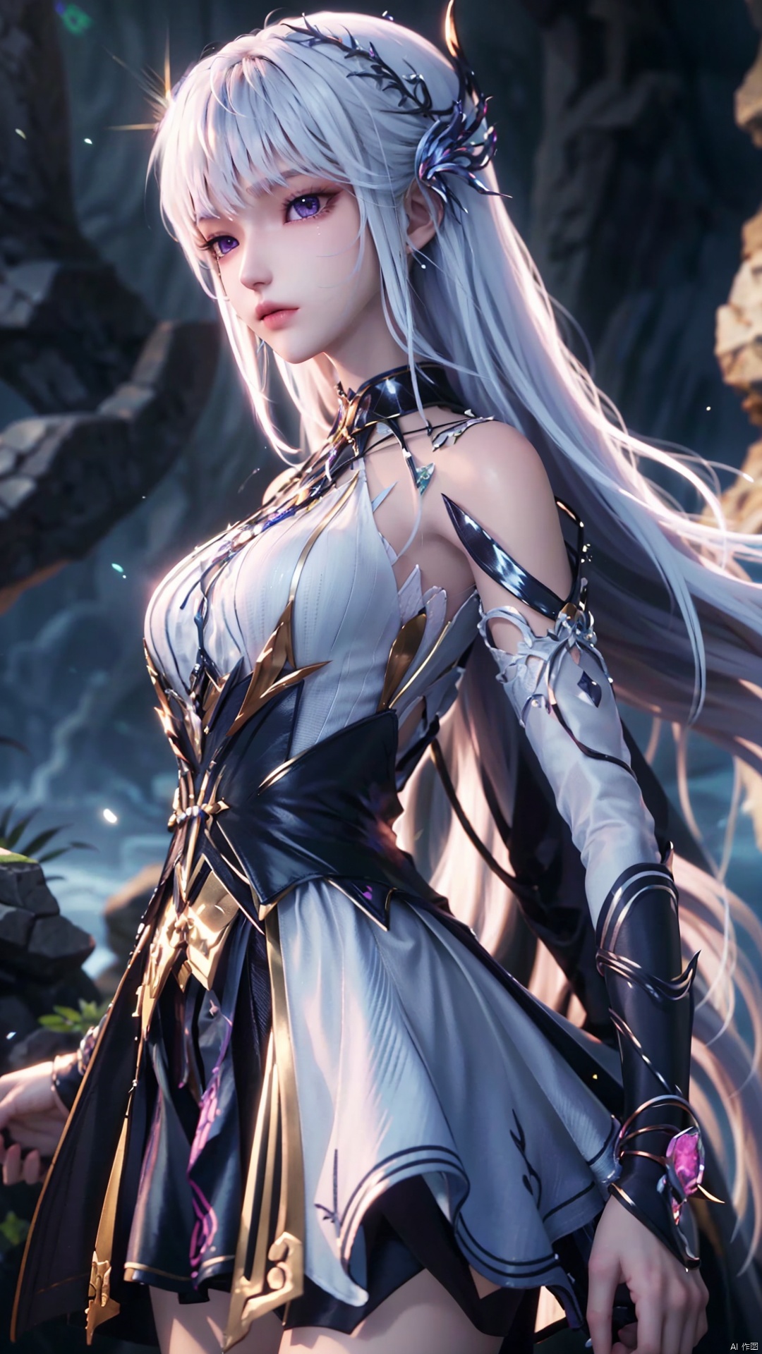 1girl, long hair, solo, purple eyes, white hair, white dress, standing, looking at viewer, perfect body, scenery, sharp focus, best quality, masterpiece, detailed outfit, illustration, perfect eyes, finely detailed beautiful anime eyes, realistic skin, intricate details, best lighting, depth of field, ultra high resolution,cowboy_shot, dynamic pose, dynamic angle,