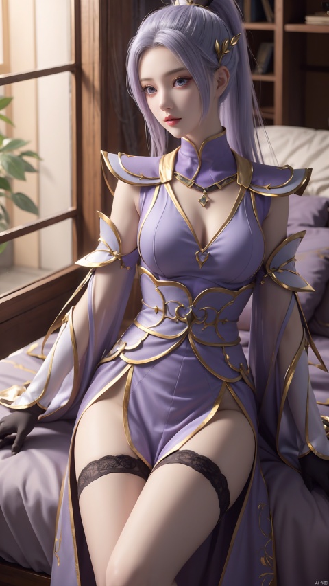  1girl, light purple hair, black thighhighs, ponytail, gloves, blue eyes, long hair, breasts, armor, hair ornament, black gloves, looking at viewer, lying, perfect body, scenery, sharp focus, best quality, masterpiece, detailed outfit, illustration, perfect eyes, finely detailed beautiful anime eyes, realistic skin, intricate details, best lighting, depth of field, ultra high resolution, bed, from above