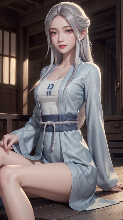 1girl, solo, long hair, white hair, chinese clothes, hanfu, facial mark, forehead mark, grey eyes, long sleeves, braid, realistic, mischevious smile, perfect body, scenery, sharp focus, best quality, masterpiece, detailed outfit, illustration, perfect eyes, finely detailed beautiful anime eyes, realistic skin, intricate details, best lighting, depth of field, ultra high resolution, sitting, dynamic pose, dynamic angle,