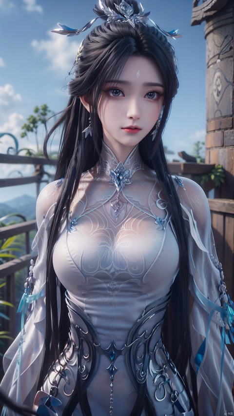 1girl, black hair, long hair, dress, solo, white dress, hair ornament, chinese clothes, facial mark, hair bun, forehead mark, earrings, mischevious smile, perfect body, scenery, sharp focus, best quality, masterpiece, detailed outfit, illustration, perfect eyes, finely detailed beautiful anime eyes, realistic skin, intricate details, best lighting, depth of field, ultra high resolution,cowboy_shot, dynamic pose, dynamic angle,