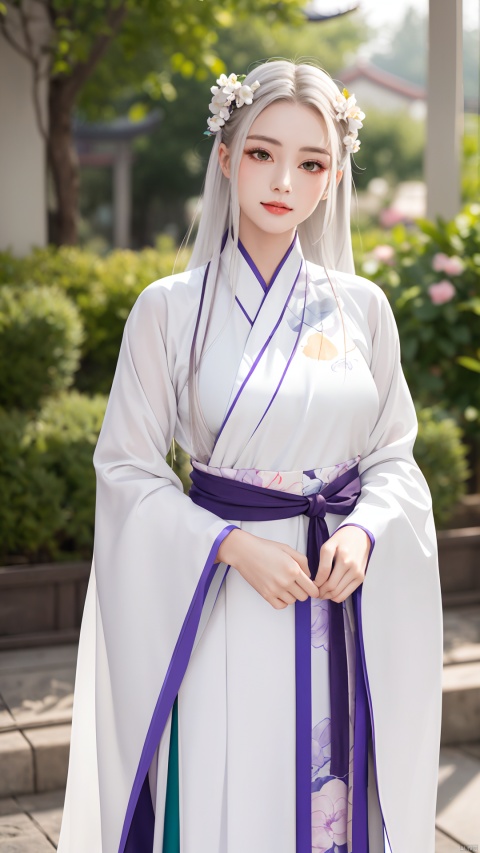  1 girl, solo, long white hair, shiny green eyes, detailed eyes, blink and youll miss it detail, silk hanfu, white robe hanfu, purple glittering butterflies, outdoors, flower garden, high quality, ancient chinese hanfu, floral background, very detailed