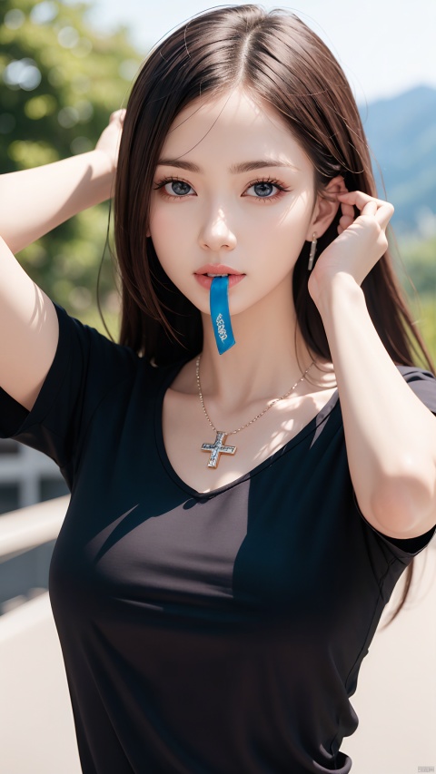 1girl, solo, jewelry, shirt, necklace, brown hair, black shirt, earrings, hair tie in mouth, mouth hold, tying hair, long hair, short sleeves, mole, arms up, upper body, cross, hair tie, brown eyes, lips
, vibrant colors, perfect body, vivid colors, scenery, sharp focus, best quality, masterpiece, detailed outfit, illustration, perfect eyes, finely detailed beautiful anime eyes, realistic skin, intricate details, best lighting, depth of field, ultra high resolution,