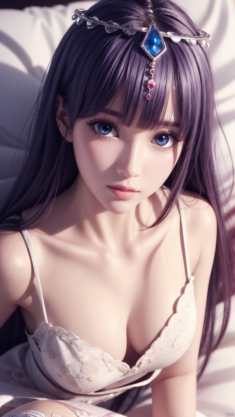  1girl, long hair, dress, looking at viewer, lying, perfect body, scenery, sharp focus, best quality, masterpiece, detailed outfit, illustration, perfect eyes, finely detailed beautiful anime eyes, realistic skin, intricate details, best lighting, depth of field, ultra high resolution, bed, from above