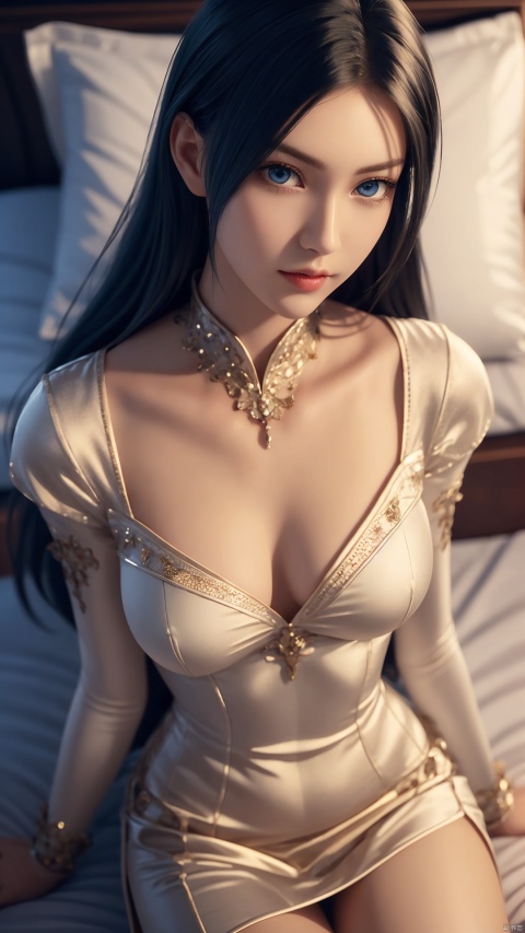  1girl, long hair, dress, looking at viewer, lying, perfect body, scenery, sharp focus, best quality, masterpiece, detailed outfit, illustration, perfect eyes, finely detailed beautiful anime eyes, realistic skin, intricate details, best lighting, depth of field, ultra high resolution, bed, from above