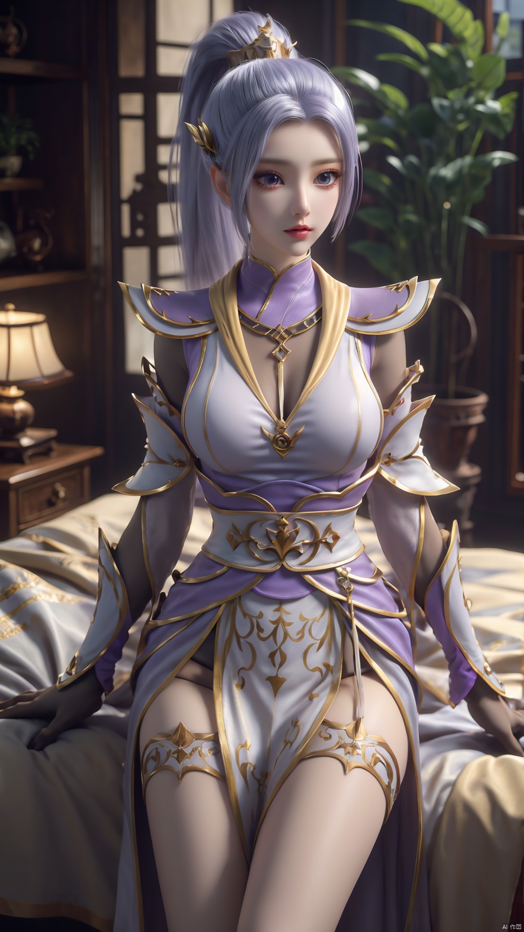  1girl, light purple hair, long hair, pony_tail ,thighhighs, lying, perfect body, scenery, sharp focus, best quality, masterpiece, detailed outfit, illustration, perfect eyes, finely detailed beautiful anime eyes, realistic skin, intricate details, best lighting, depth of field, ultra high resolution, bed, from above