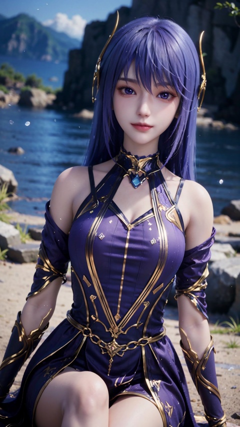 1girl, solo, long hair, blue hair, dress, purple eyes, realistic, mischevious smile, perfect body, scenery, sharp focus, best quality, masterpiece, detailed outfit, illustration, perfect eyes, finely detailed beautiful anime eyes, realistic skin, intricate details, best lighting, depth of field, ultra high resolution, sitting, dynamic pose, dynamic angle,