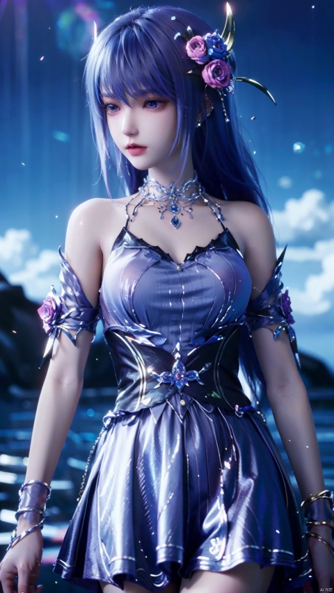 1girl, blue hair, solo, hair ornament, blue eyes, bare shoulders, jewelry, long hair, necklace, strapless skirt, flower, hair flower, perfect body, scenery, sharp focus, best quality, masterpiece, detailed outfit, illustration, perfect eyes, finely detailed beautiful anime eyes, realistic skin, intricate details, best lighting, depth of field, ultra high resolution,cowboy_shot, dynamic pose, dynamic angle,