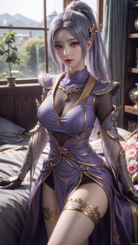  1girl, light purple hair, black thighhighs, ponytail, gloves, blue eyes, long hair, breasts, armor, hair ornament, black gloves, looking at viewer, lying, perfect body, scenery, sharp focus, best quality, masterpiece, detailed outfit, illustration, perfect eyes, finely detailed beautiful anime eyes, realistic skin, intricate details, best lighting, depth of field, ultra high resolution, bed, from above