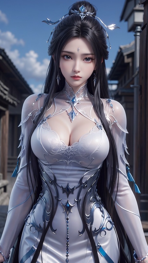 1girl, long hair, black hair, solo, forehead mark, dress, facial mark, hair bun, hair ornament, earrings, upper body, jewelry, hand on own chest, realistic, perfect body, scenery, sharp focus, best quality, masterpiece, detailed outfit, illustration, perfect eyes, finely detailed beautiful anime eyes, realistic skin, intricate details, best lighting, depth of field, ultra high resolution,cowboy_shot, dynamic pose, dynamic angle,