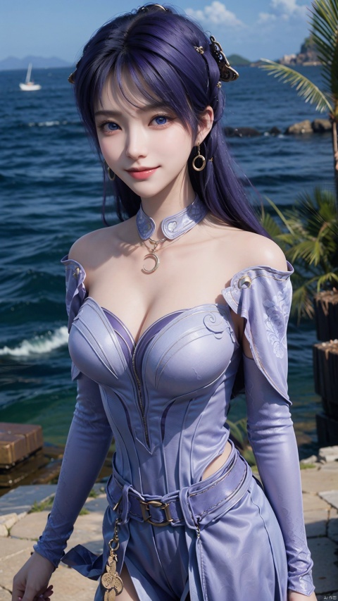  1girl, solo, jewelry, earrings, breasts, necklace, purple hair, dress, realistic, bare shoulders, mischevious smile, perfect body, scenery, sharp focus, best quality, masterpiece, detailed outfit, illustration, perfect eyes, finely detailed beautiful anime eyes, realistic skin, intricate details, best lighting, depth of field, ultra high resolution,cowboy_shot, dynamic pose, dynamic angle,