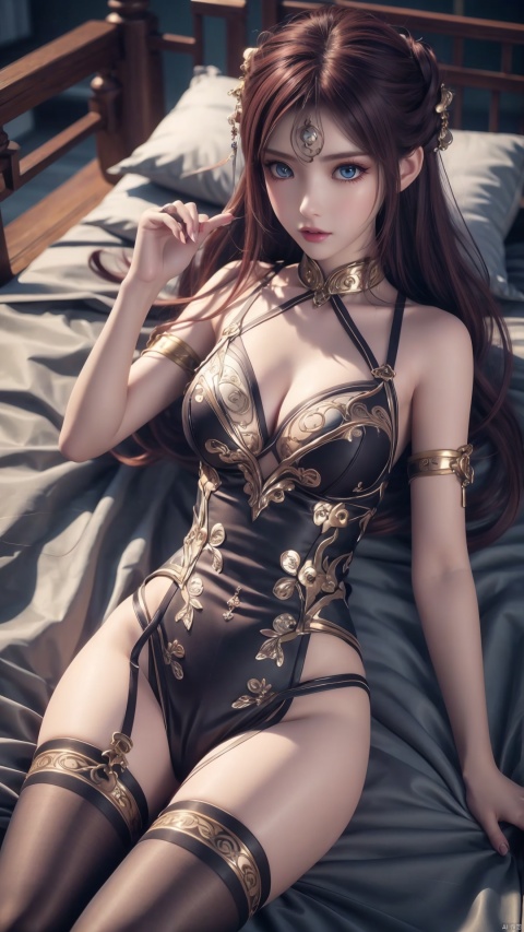  1girl, long hair, thighhighs, lying, perfect body, scenery, sharp focus, best quality, masterpiece, detailed outfit, illustration, perfect eyes, finely detailed beautiful anime eyes, realistic skin, intricate details, best lighting, depth of field, ultra high resolution, bed, from above